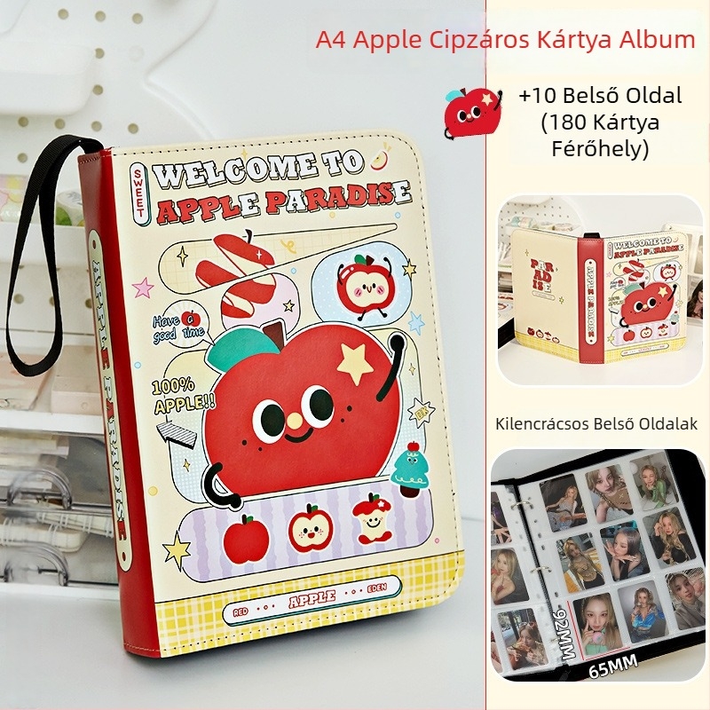Apple Paradise bőr kártyalbum négy rekeszes elrendezéssel, cipzárral, A5-ös méret, nagy kapacitás