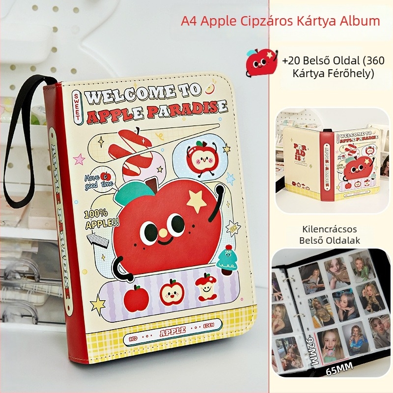 Apple Paradise bőr kártyalbum négy rekeszes elrendezéssel, cipzárral, A5-ös méret, nagy kapacitás