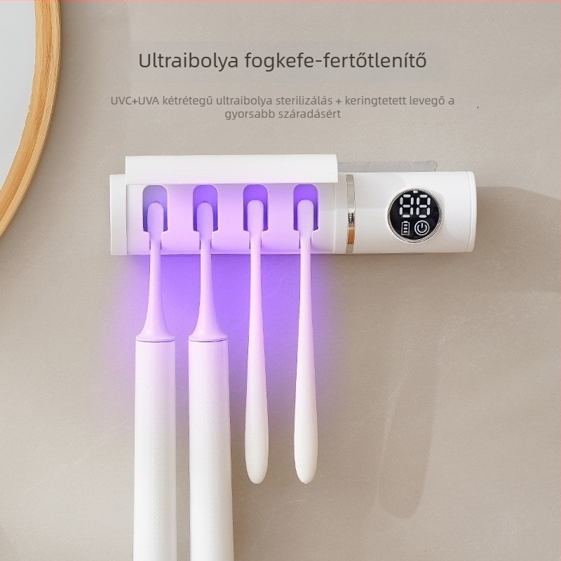 Intelligens UV-fogkefetisztító, újratölthető, falra szerelhető, fúrás nélkül, 4 rekesz, levegőn száradó