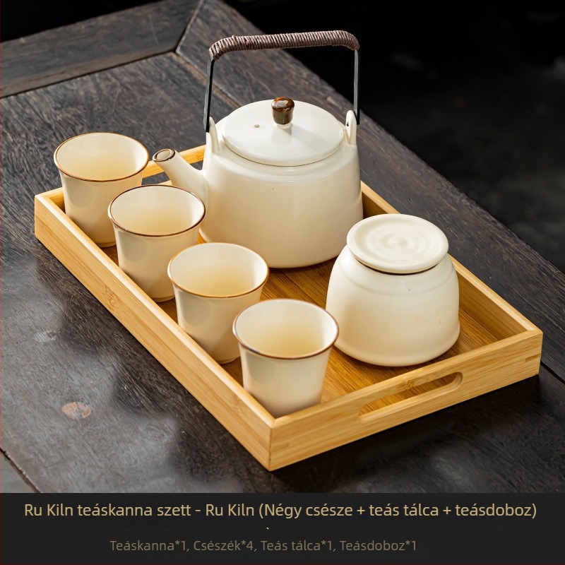 Ru Kiln kerámia teáskészlet – nagy kapacitású, modern minimalista stílus, teáskanna, teáscsészék és teás tálca