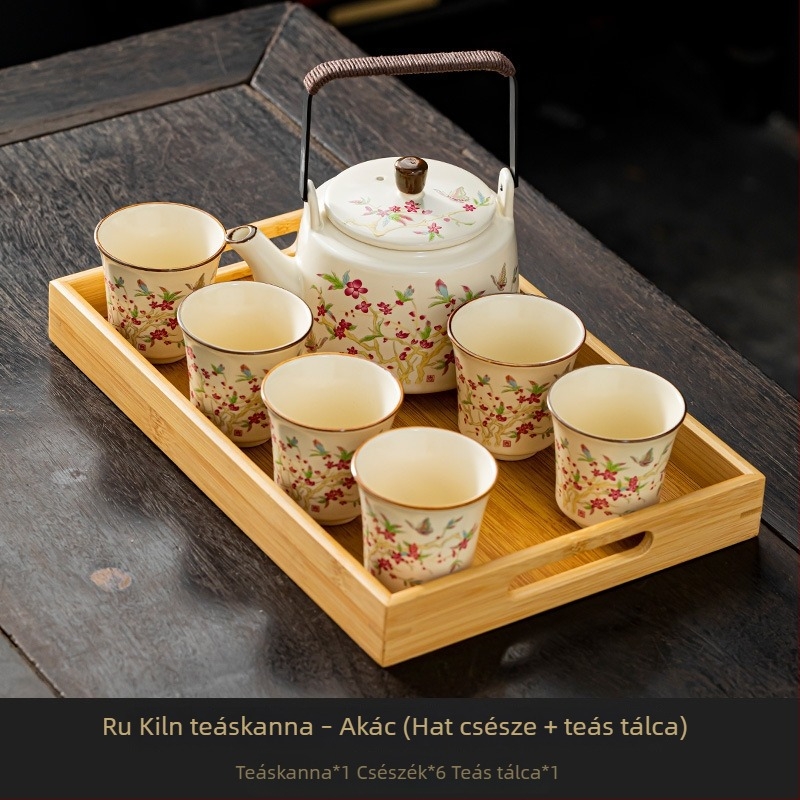 Ru Kiln kerámia teáskészlet – nagy kapacitású, modern minimalista stílus, teáskanna, teáscsészék és teás tálca