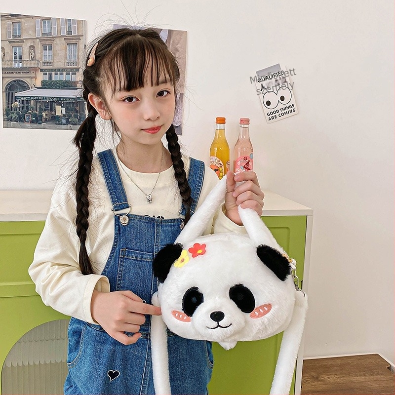 Puha plüss keresztpántos táska virágos panda mintával és aranyos plüss panda babával