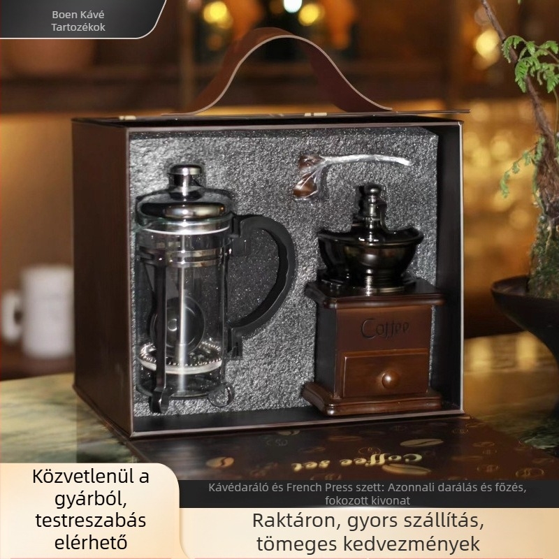 Kávébab őrlő és Francia presszókészlet – retro stílusú ajándékdobozzal