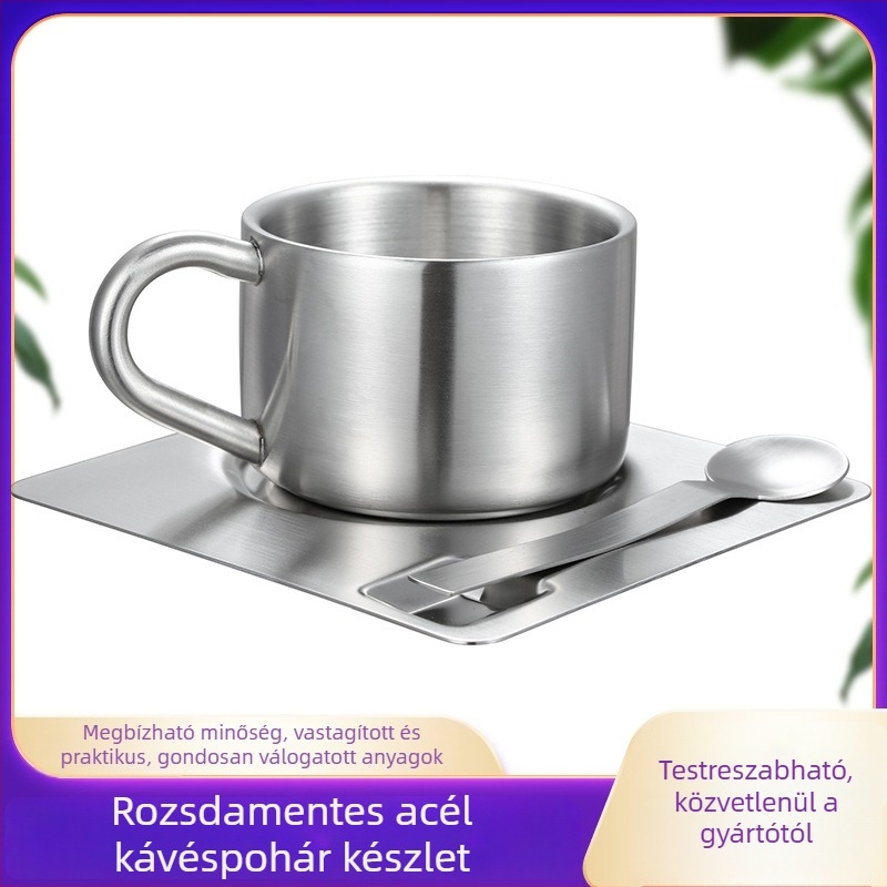 Tömörített rozsdamentes acélból készült kávéscsésze szett otthon vagy kávézóban történő készítéséhez, kanállal