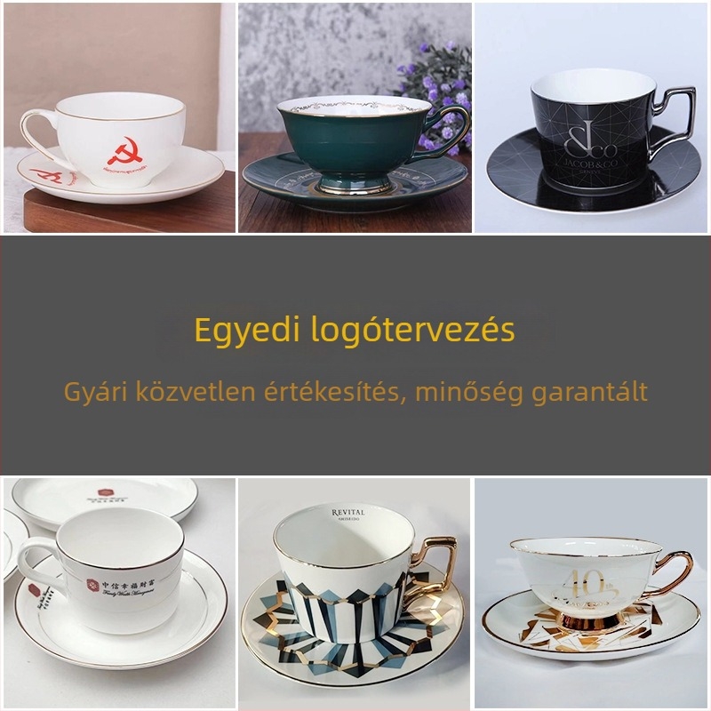 Csontporcelán kávéscsésze és alátét, európai kéttónusú juharlevél mintával, kézzel festett arany díszítéssel, délutáni tea virágmotívummal.