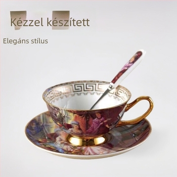 Európai stílusú vintage csontporcelán kávéscsésze és alátét aranyra festett díszítéssel, kanállal