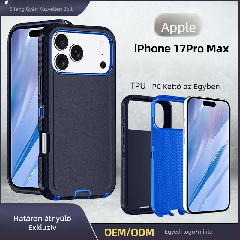 iPhone 17 Pro Max védőtok kettős rétegű PC+TPU, egyszínű, ütésálló védelem