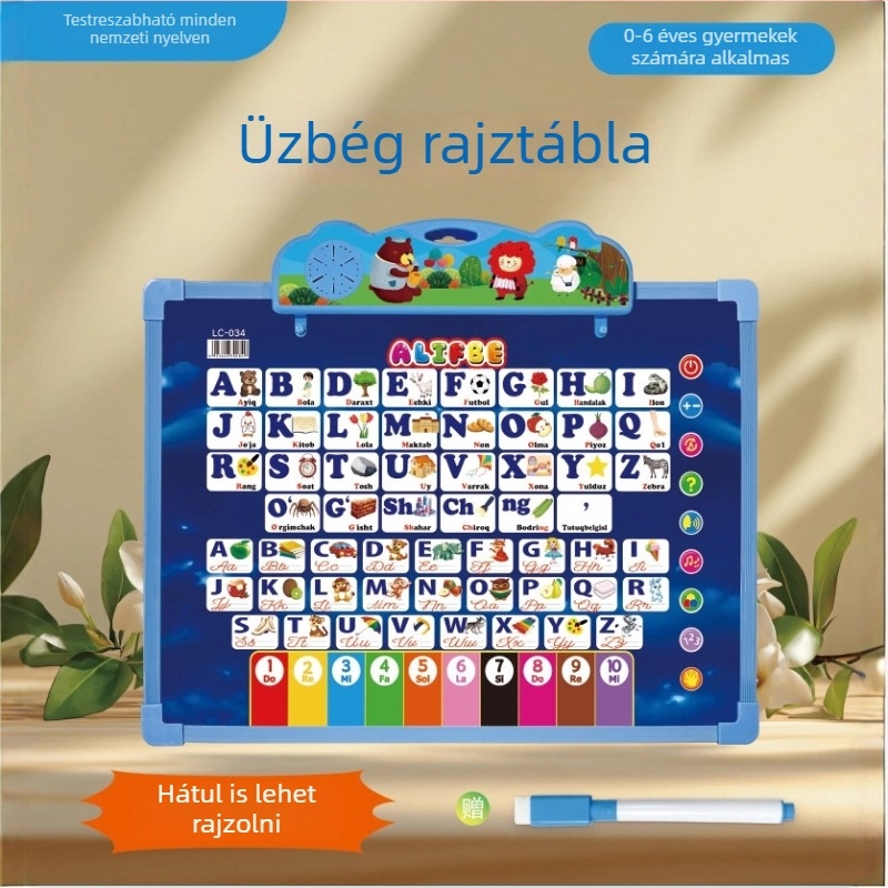 Kétoldalas, többfunkciós tanulótábla korai oktatáshoz, rajz és hang interakcióval