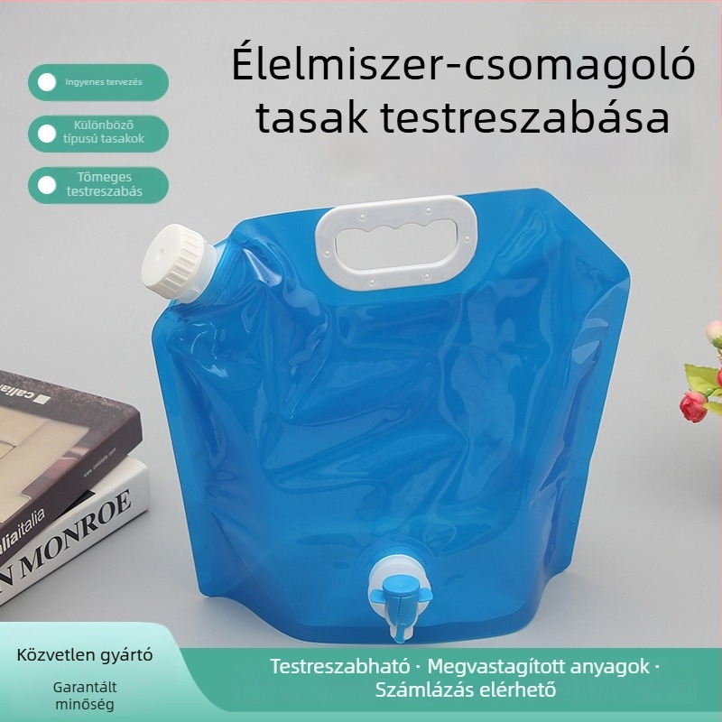 Kemping víztartály puha ivócsővel, élelmiszer-minőségű víztároló, hordozható, összecsukható, nagy kapacitás, egyedi gyártás