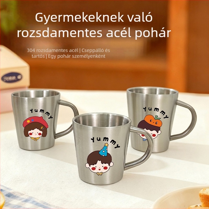 304 rozsdamentes acélból készült gyerekeknek szánt pohár fogantyúval, széles nyílású, fedél nélküli