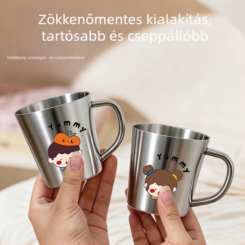 304 rozsdamentes acélból készült gyerekeknek szánt pohár fogantyúval, széles nyílású, fedél nélküli