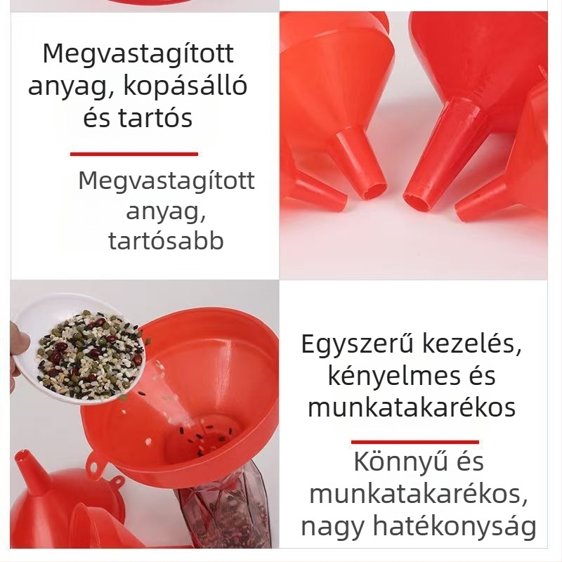 Közepes méretű műanyag tölcsér konyhai használatra, olaj és bor öntésére