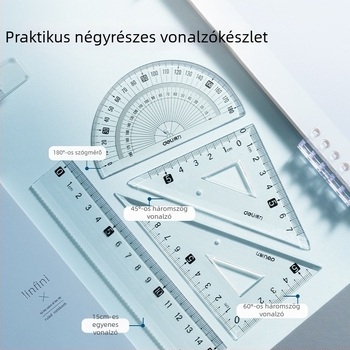 Deli 4 részes vonalzó- és körzőkészlet diákok számára, tartalmaz 15 cm-es vonalzót, háromszögletű vonalzó és fokmérőt