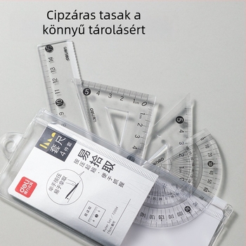 Deli 4 részes vonalzó- és körzőkészlet diákok számára, tartalmaz 15 cm-es vonalzót, háromszögletű vonalzó és fokmérőt