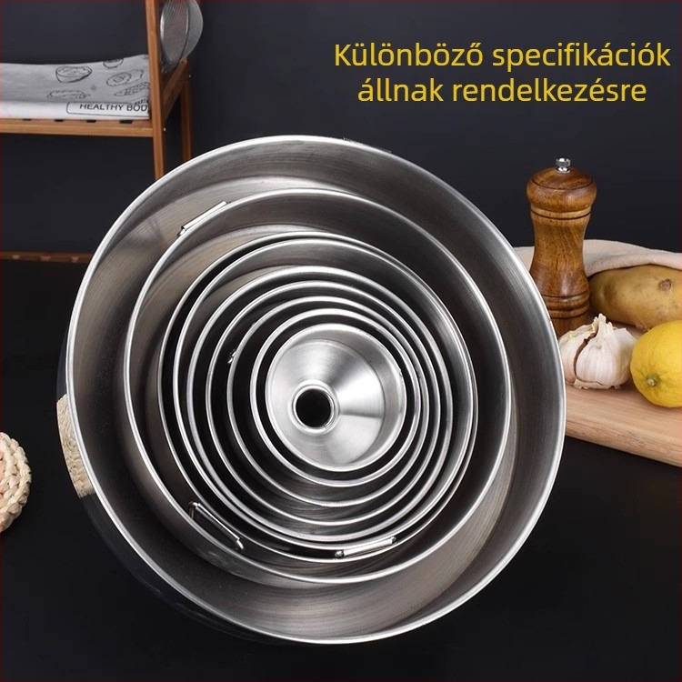 Rozsdamentes acélből készült tölcsér több méretű nyílásokkal, szűrőháló olajhoz és borhoz, otthoni konyha