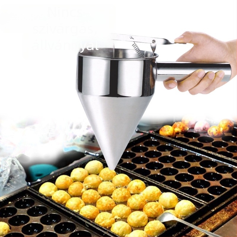 Rozsdamentes acél Takoyaki eszköz konus alakú tölcsérrel és állvánnyal