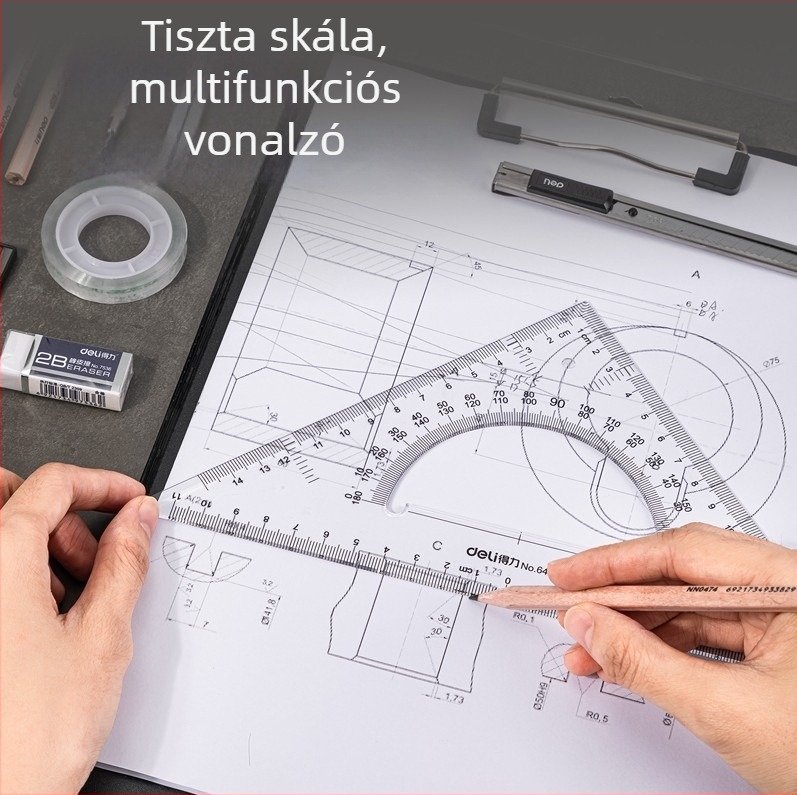 Deli 72156 Vonalzó és körző készlet mérnöki rajzhoz, rajzkészlet diákoknak