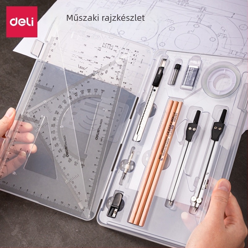 Deli 72156 Vonalzó és körző készlet mérnöki rajzhoz, rajzkészlet diákoknak