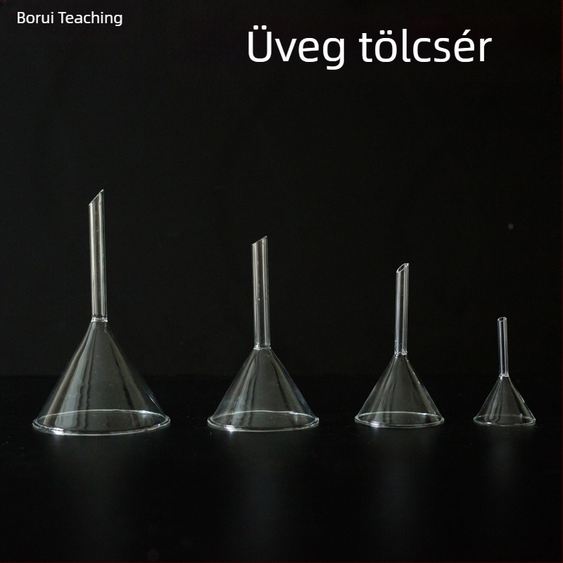 Üvegtölcsér, háromszög alakú, rövid csővel, konikai formájú, kémiai labora­tóriumi felszerelés, 40, 60, 75, 90 mm