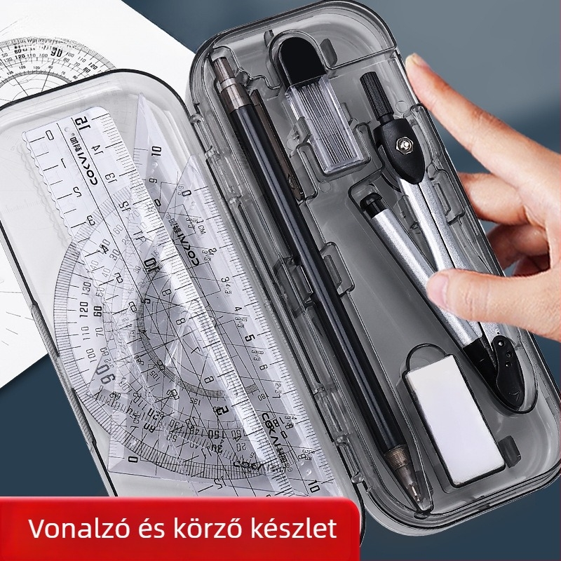 8 részes körző–vonalzó készlet rajzhoz, tartalmaz körzőt, vonalzót, háromszöget és radírt