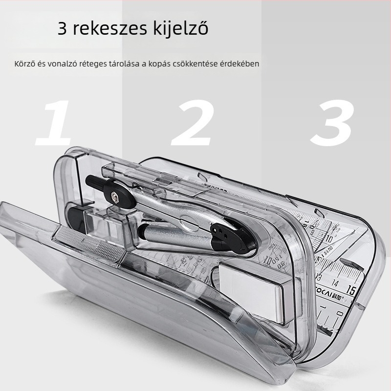 8 részes körző–vonalzó készlet rajzhoz, tartalmaz körzőt, vonalzót, háromszöget és radírt
