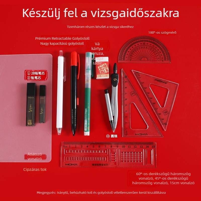 Diák vizsgaszett: 2B ceruzák, 13 darabos készlet körzővel és vonalzóval a tanuláshoz