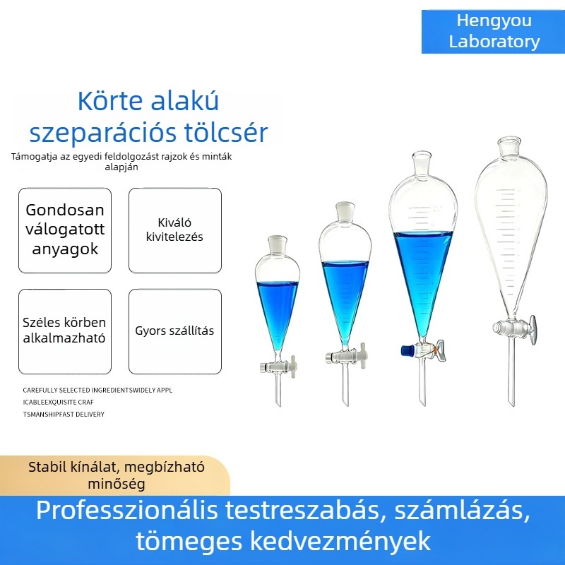 Árpás formájú osztó lombik, vastag üveg, PTFE üvegpisztonnal, laboratóriumi gömb-kónikus folyadék hozzáadására/cseppentésére szolgáló lombik skálával