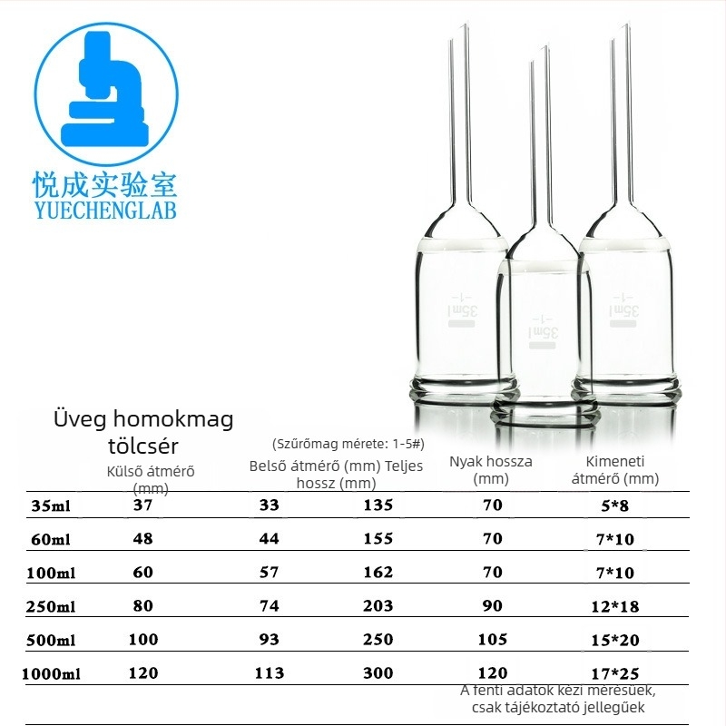 Yuecheng üvegből készült homokmagos tölcsér kísérleti szűréshez, modell G4, 35/60/100/130/250/500/1000 ml