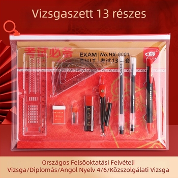 13 részes vizsgakészlet cipzáras táskában, tartalmaz 2B ceruzákat, külön válaszlapokat és körzőt