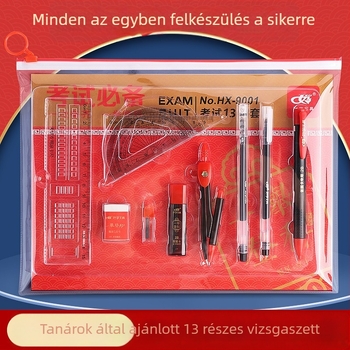 13 részes vizsgakészlet cipzáras táskában, tartalmaz 2B ceruzákat, külön válaszlapokat és körzőt