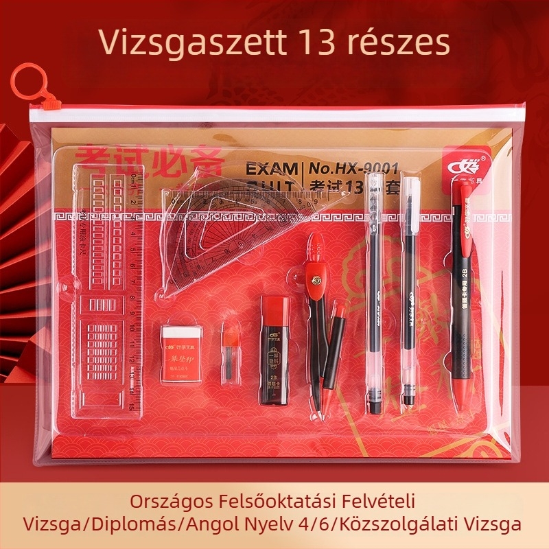 13 részes vizsgakészlet cipzáras táskában, tartalmaz 2B ceruzákat, külön válaszlapokat és körzőt