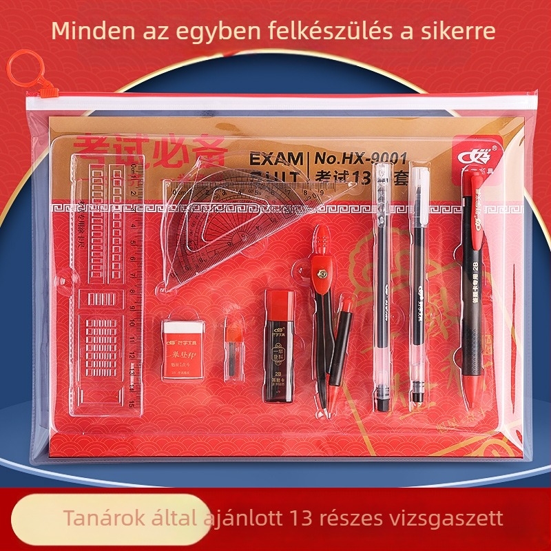 13 részes vizsgakészlet cipzáras táskában, tartalmaz 2B ceruzákat, külön válaszlapokat és körzőt