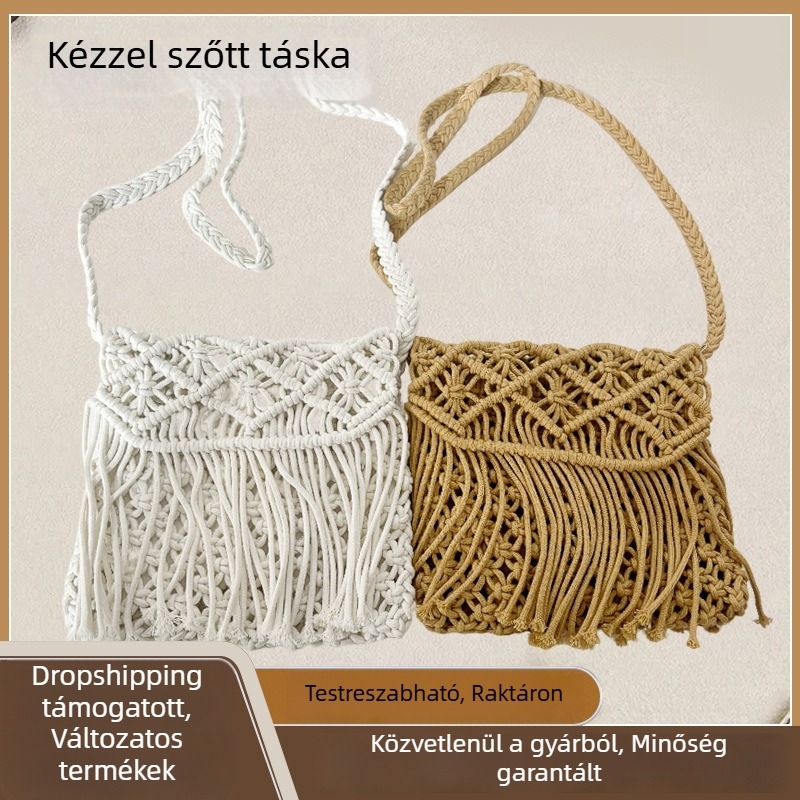  Szalmából készült crossbody táska bojtokkal, kis méret, városi minimalist stílus