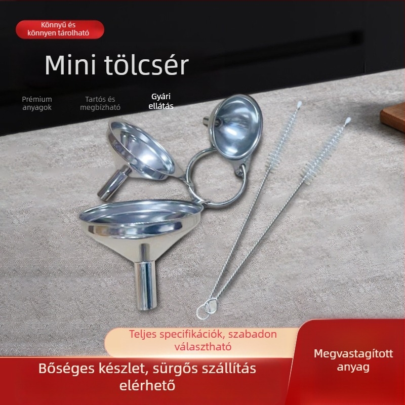 Rozsdamentes acélból készült három darabos mini tölcsérkészlet olajhoz, ecethez, alkohollal és szószhoz – hosszabbító tölcsérek