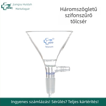 Üvegből készült háromszög alakú vákuumos szűrő tölcsér, többszörös lyukas szűrőlemez és adagoló tölcsér