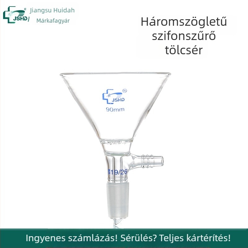 Üvegből készült háromszög alakú vákuumos szűrő tölcsér, többszörös lyukas szűrőlemez és adagoló tölcsér