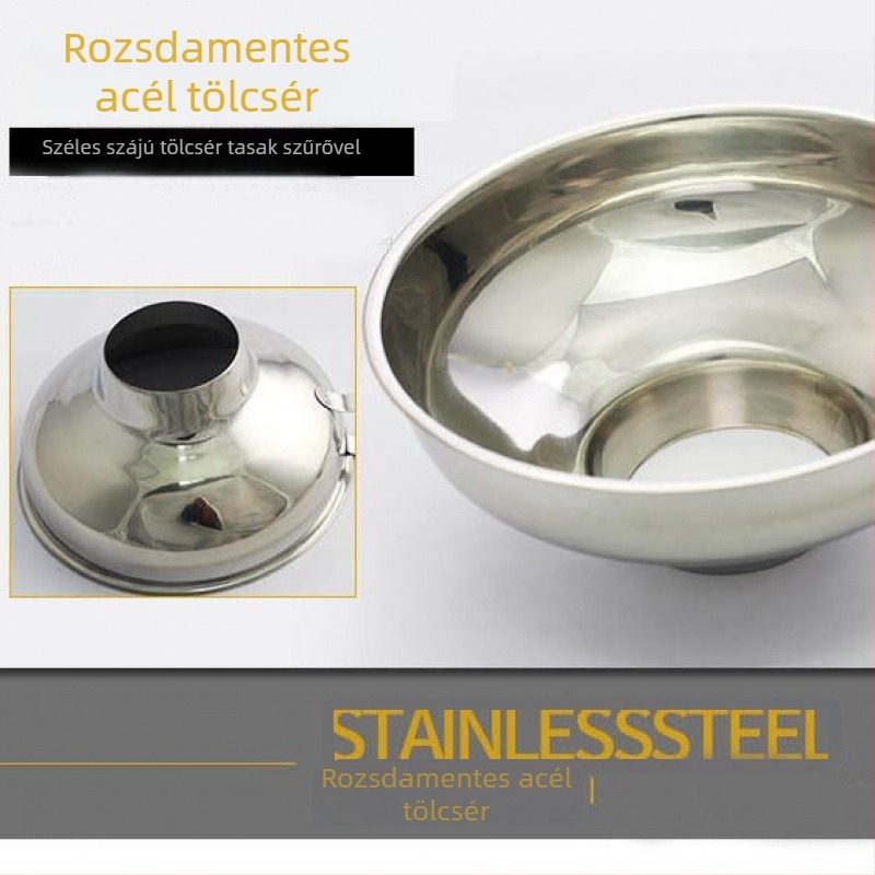 Rozsdamentes acélból készült nagy szájú tölcsér olajok és folyadékok számára integrált adagolóval