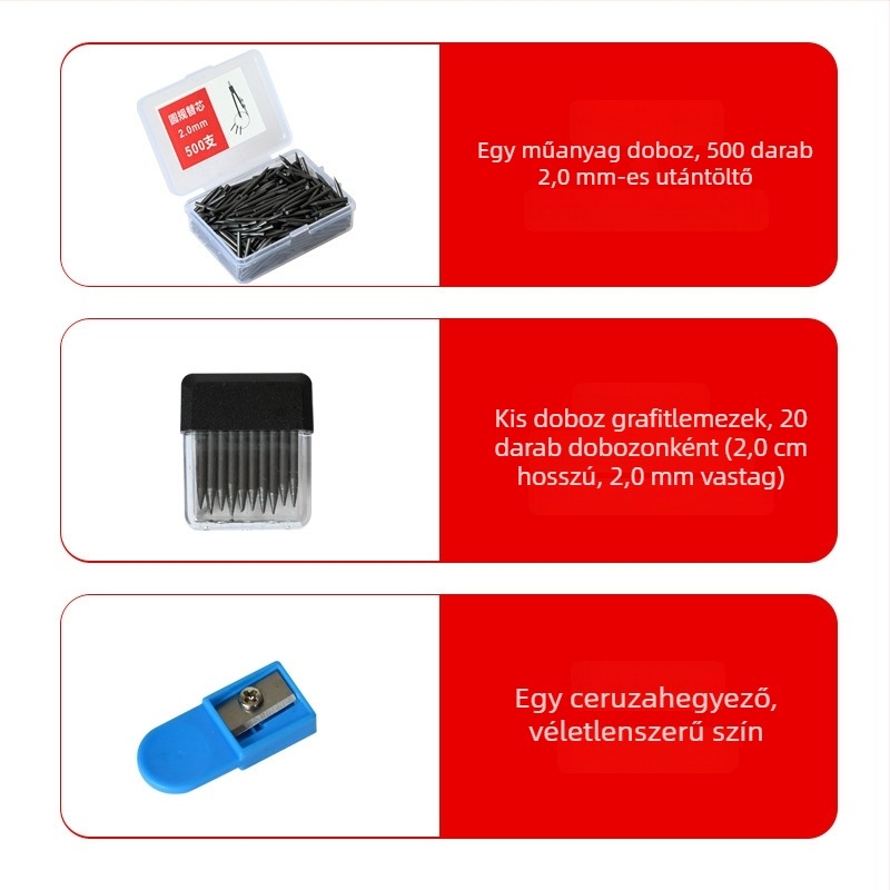 2,0 mm körző grafitmag – rozsdamentes acél refill, 3-in-1, körök rajzolásához, diákok és vizsgák a tervezésben