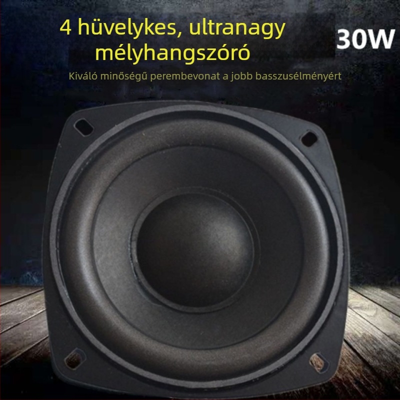 4 hüvelykes mélynyomó hangszóró, 4 Ω, 30 W, nagy teljesítményű középtalpas basszus hangszóró, 105 mm átmérő