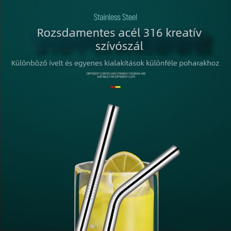 316 rozsdamentes acélból készült egydarabos kanál-szívó, kettős funkció: szűrés és keverés, fém közvetlen ivásra szolgáló szívócső, nagy átmérővel
