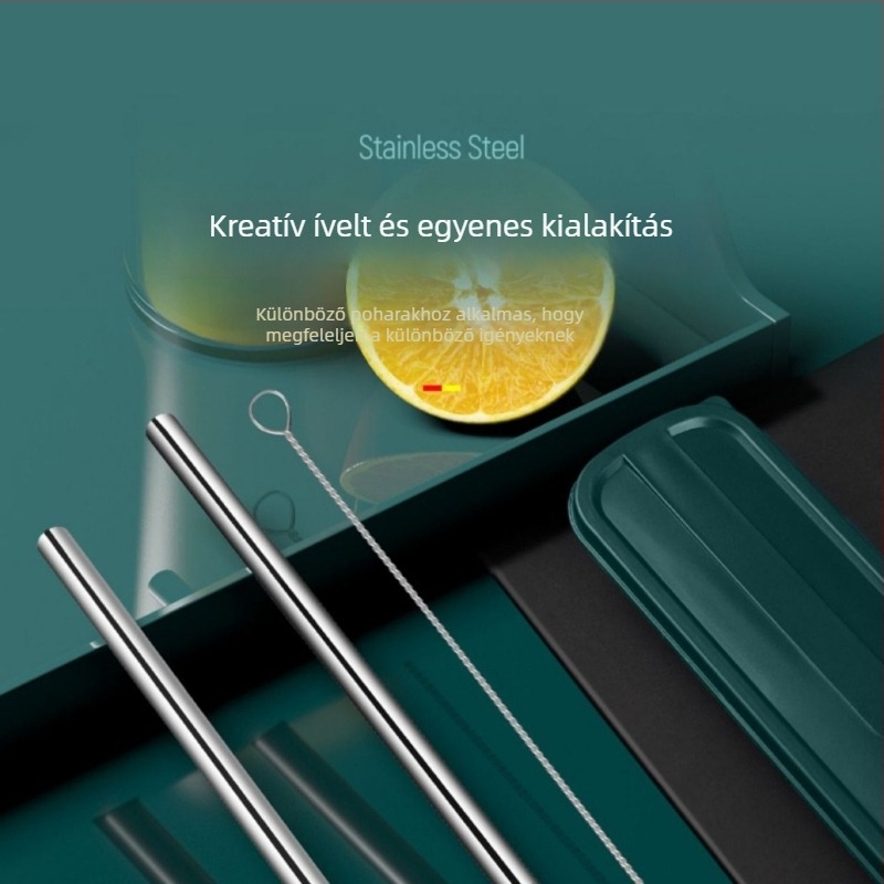 316 rozsdamentes acélból készült egydarabos kanál-szívó, kettős funkció: szűrés és keverés, fém közvetlen ivásra szolgáló szívócső, nagy átmérővel