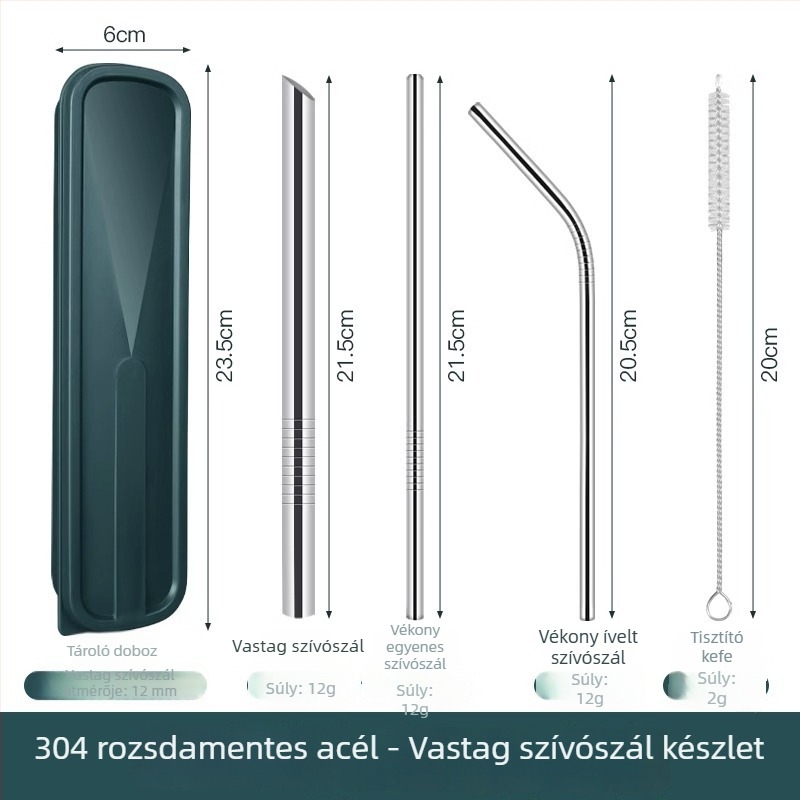 316 rozsdamentes acélból készült egydarabos kanál-szívó, kettős funkció: szűrés és keverés, fém közvetlen ivásra szolgáló szívócső, nagy átmérővel