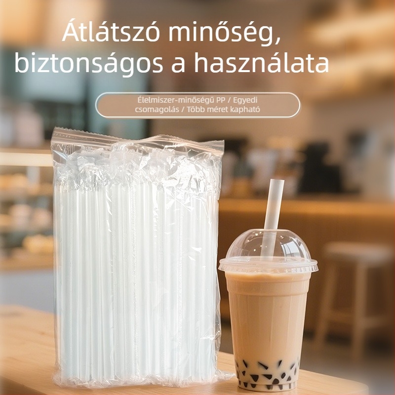 Egyszer használatos PP-anyagú szívócső, egyenes cső, egyéni csomagolású, élelmiszer-minőségű műanyag, kávéhoz, hűtött italokhoz és bubble tea-hez