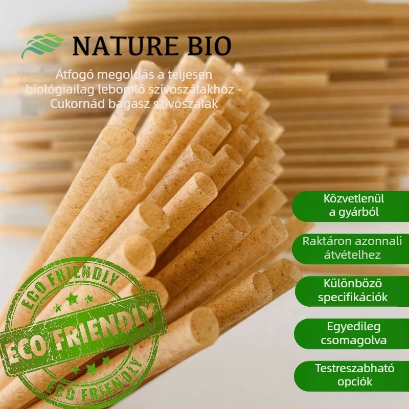 Bagasse szívószál, egyszer használatos növényi rostból, biológiailag lebomló PLA, egyedi csomagolás, logó támogatás