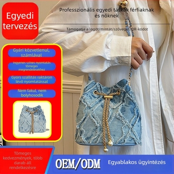 Koptatott denim quilt húzózsinóros vödörtáska gyöngyláncos vállpánttal, egyvállú crossbody, mindennapi használatra, új stílus