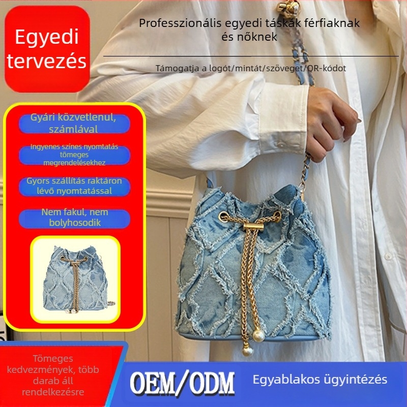 Koptatott denim quilt húzózsinóros vödörtáska gyöngyláncos vállpánttal, egyvállú crossbody, mindennapi használatra, új stílus