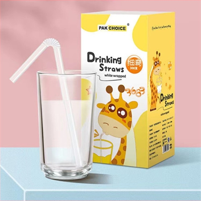 300 darabos dobozban PP görbe szívószálak, BPA-mentes, biológiailag lebomló, papíralapú csomagolásban, egyenként csomagolva