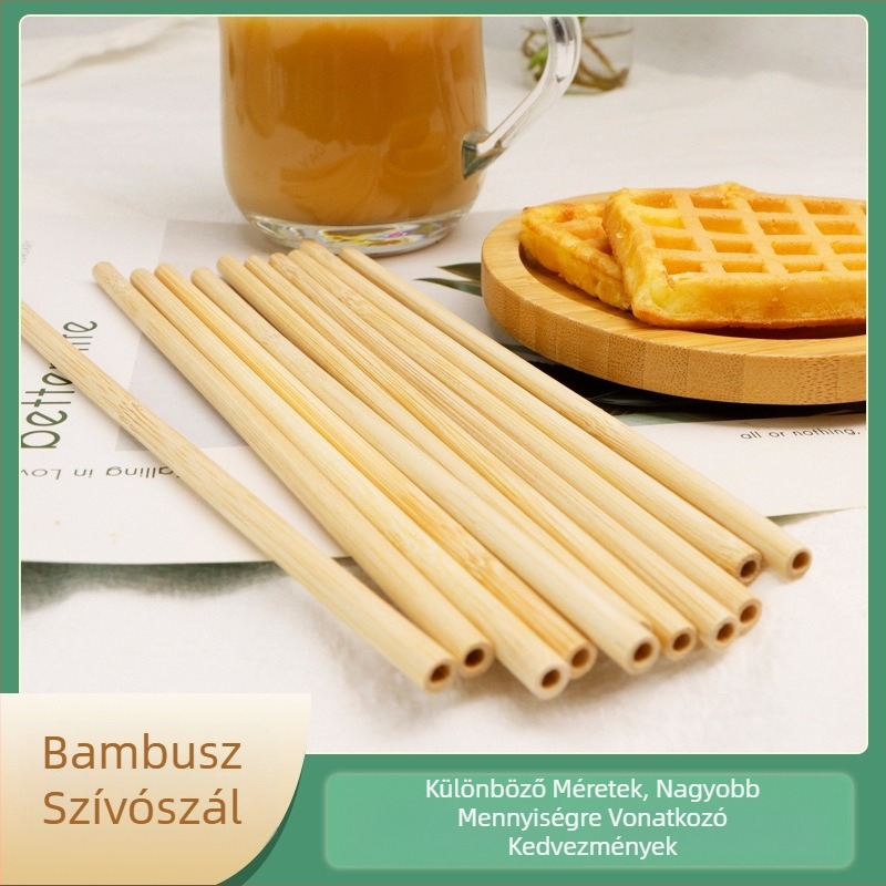 Biodegradálható bambusz lapos szájú szívószál lézergravírozott logóval, egyenként csomagolva tej-teás italokhoz.