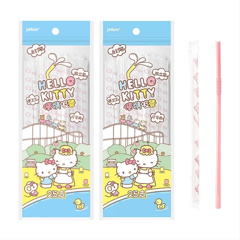 Yijie Sanrio együttműködésben készült egyszer használatos szívószálak, 25 db/csomag, rajzfilmszerű dizájn, hajlítható, egyenként csomagolva
