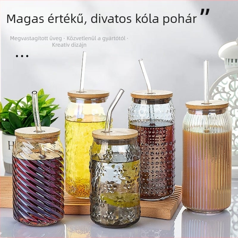 Fedéllel ellátott üveg pohár – szívószállal, gyümölcslére és kólára, hordozható kávés pohár, univerzális pohár